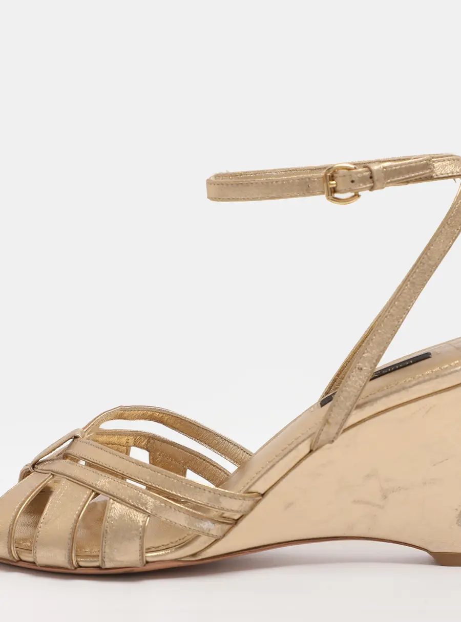 Louis Vuitton Size 37 Gold Leather Ankle Strap Wedge Sandals