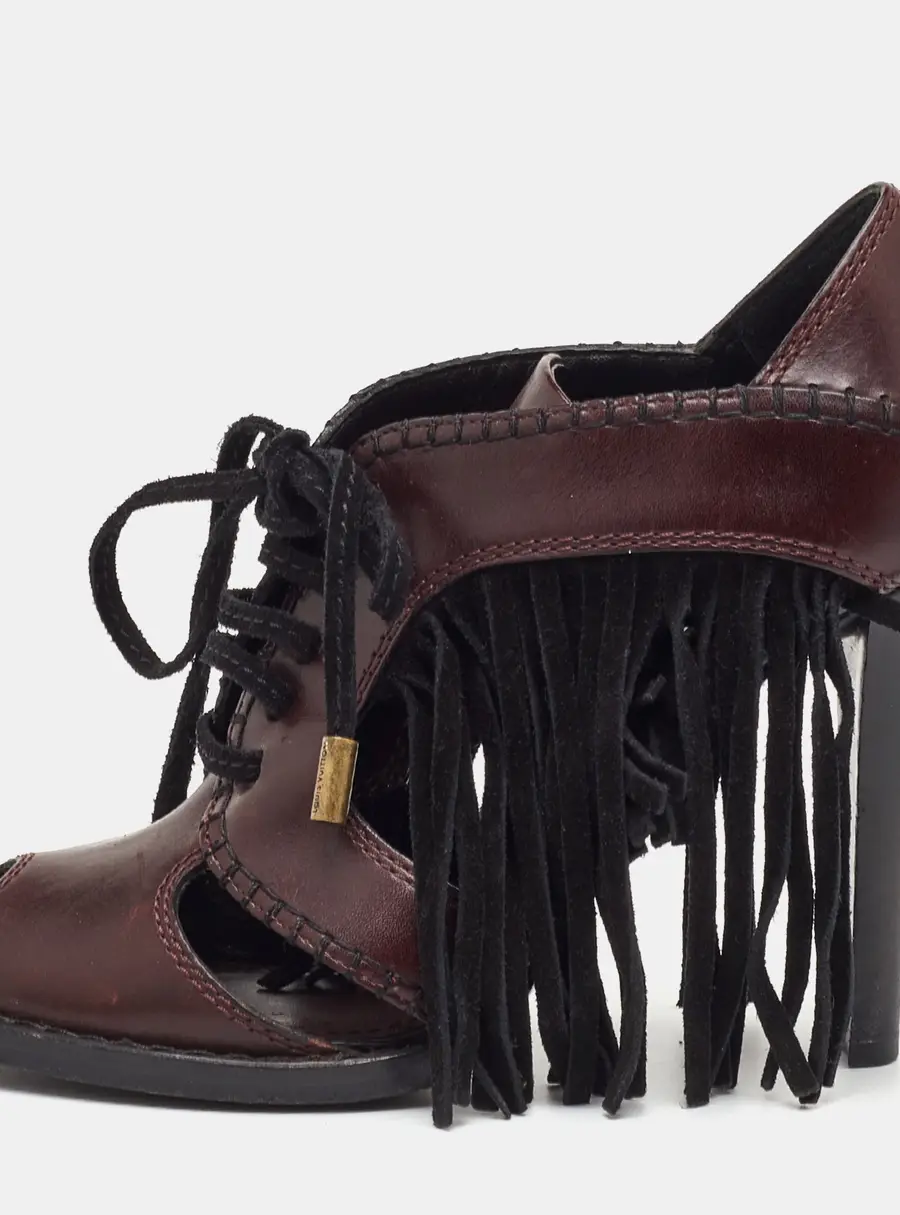 Louis Vuitton Size 37.5 Brown/Black Leather and Suede Fringe Lace Up Peep Toe Sandals