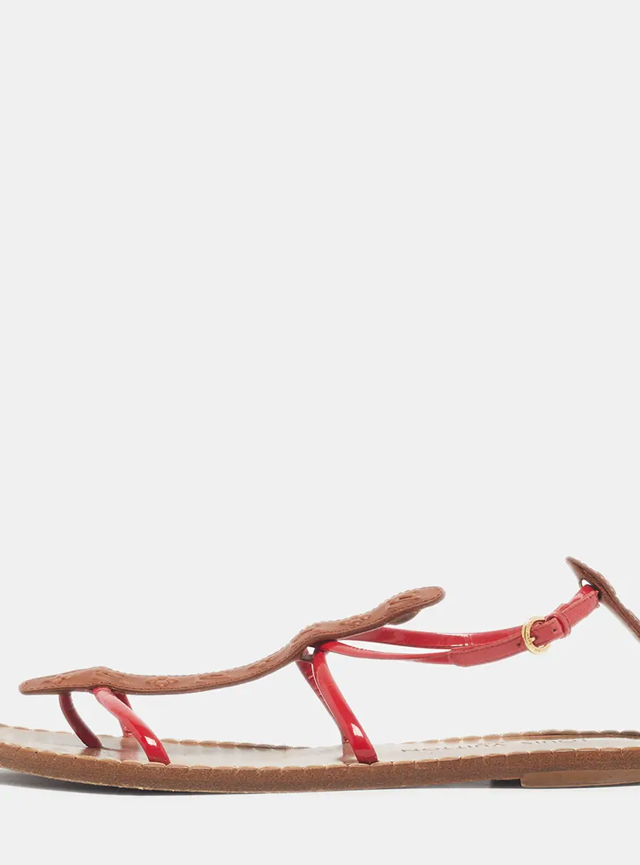 Louis Vuitton Size 39 Brown/Red Monogram Leather and Patent Flat Ankle Strap Thong Sandals