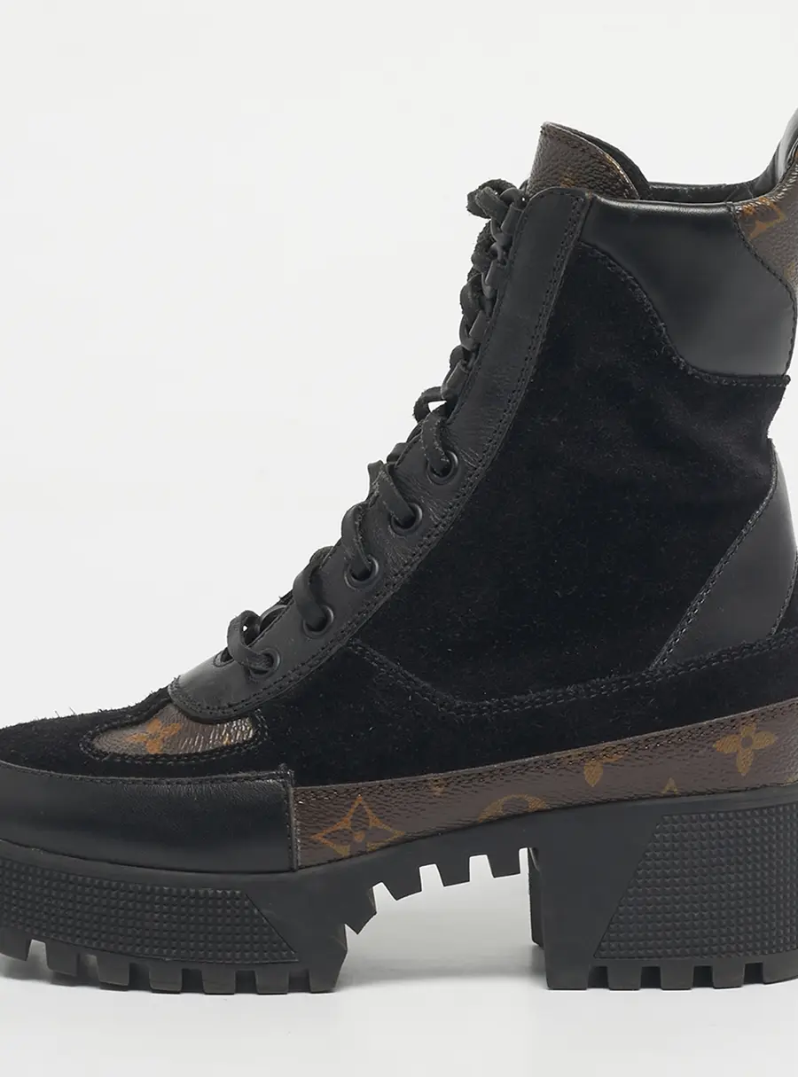 Louis Vuitton Black/Brown Monogram Canvas And Suede Laureate Platform Desert Ankle Boots Size 36
