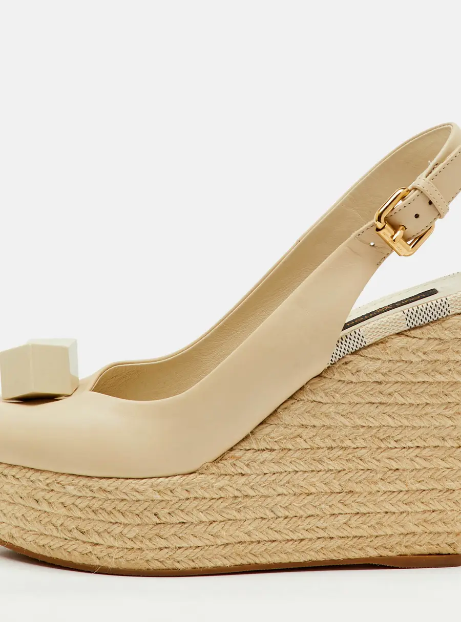 Louis Vuitton Cream Leather Gossip Cube Espadrille Wedge Slingback Pumps Size 38.5