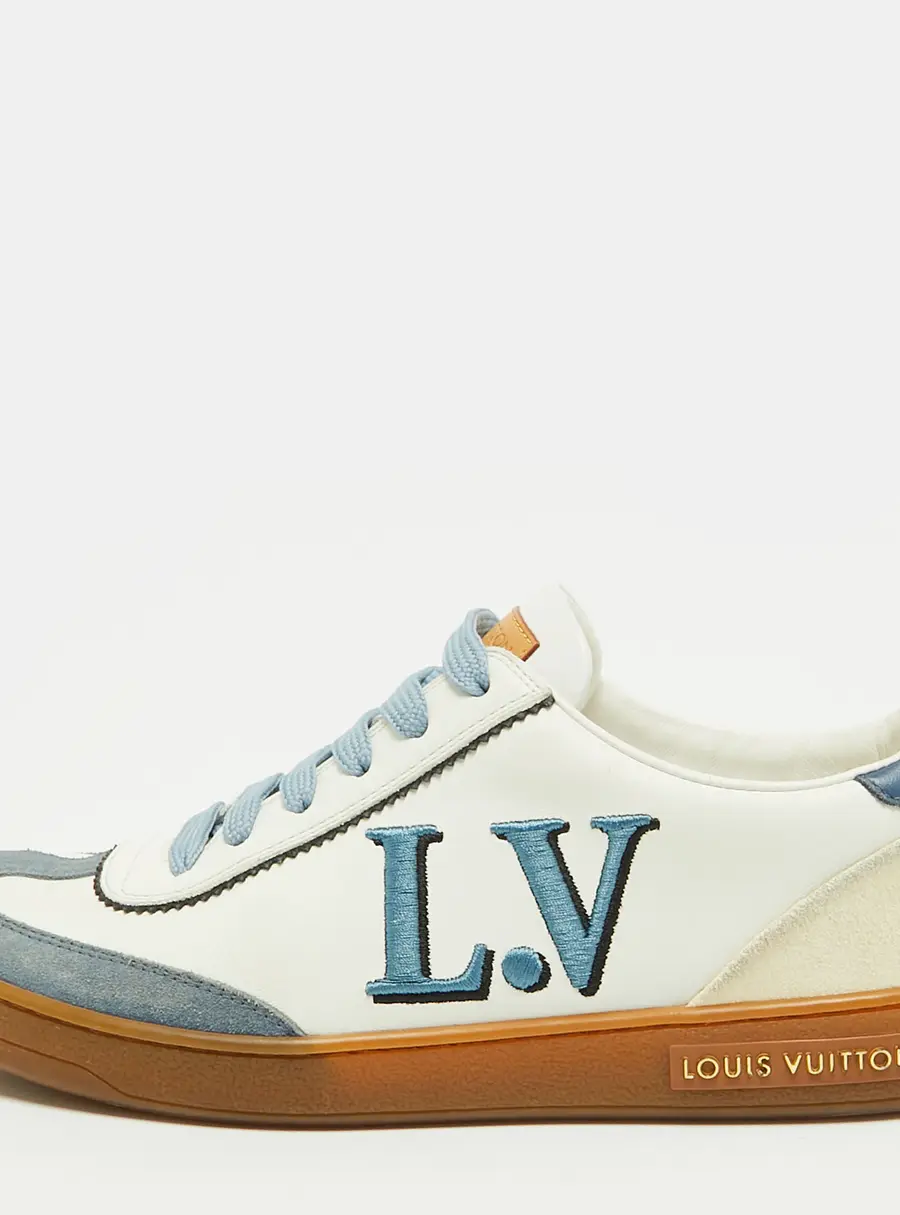 Louis Vuitton Size 36.5 White/Blue Leather and Suede LV Embroidered Low Top Sneakers