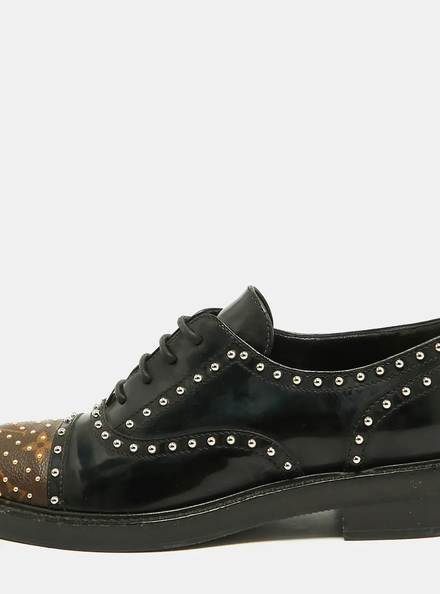 Louis Vuitton Size 36 Black Monogram Canvas and Patent Leather Studded Lace Up Oxfords