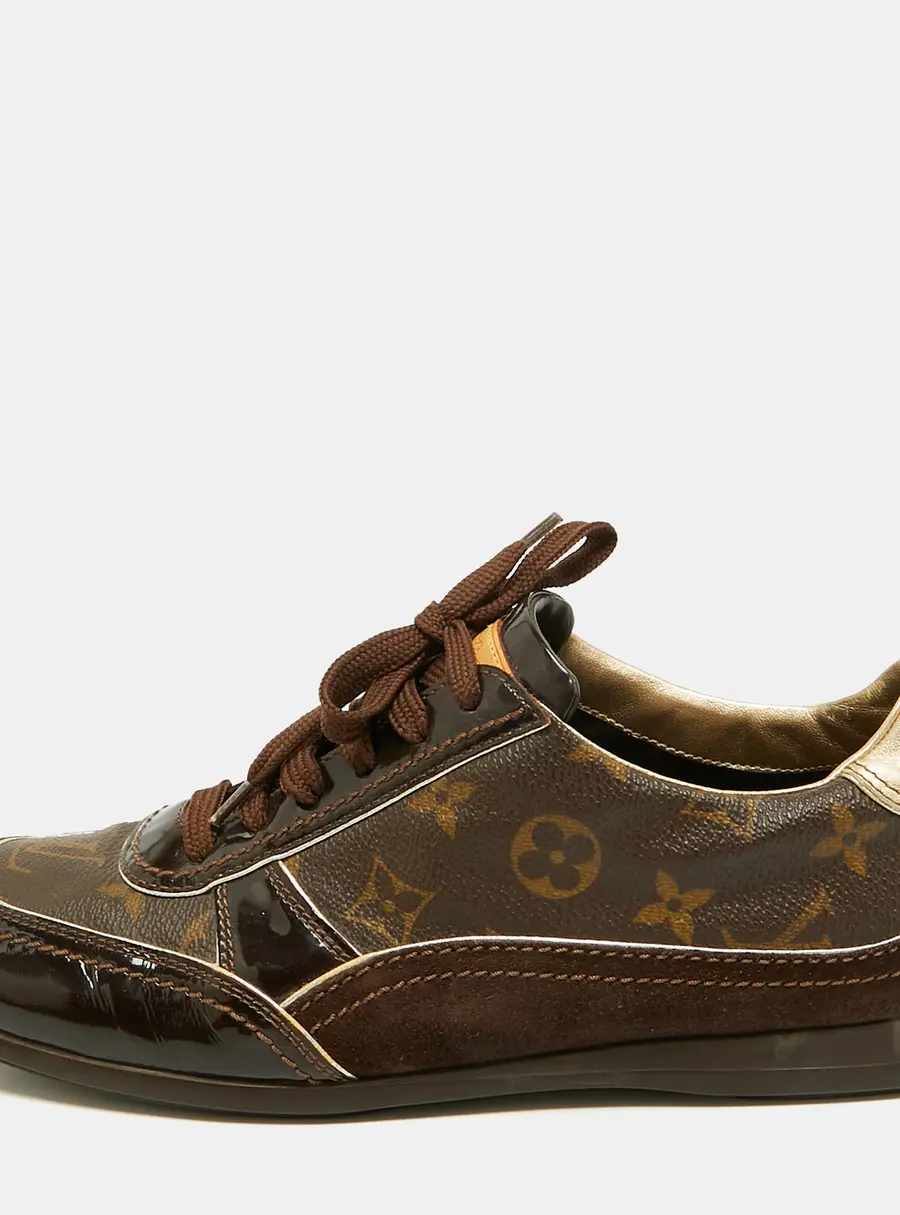 Louis Vuitton Globe Trotter Size 40 Brown/Gold Monogram Canvas and Patent Low Top Sneakers