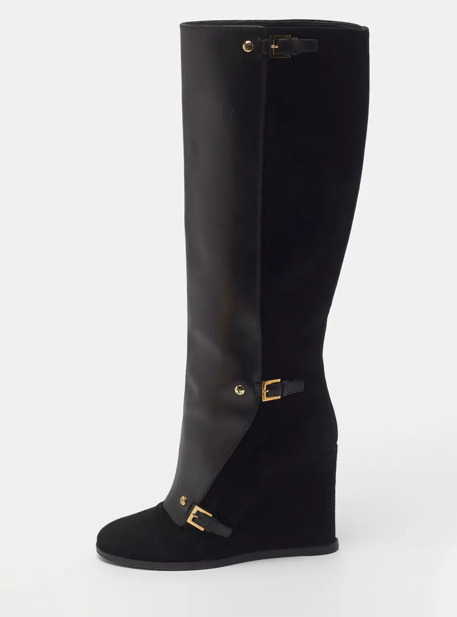 Louis Vuitton Size 41 Black Leather and Suede Wedge Knee Length Boots