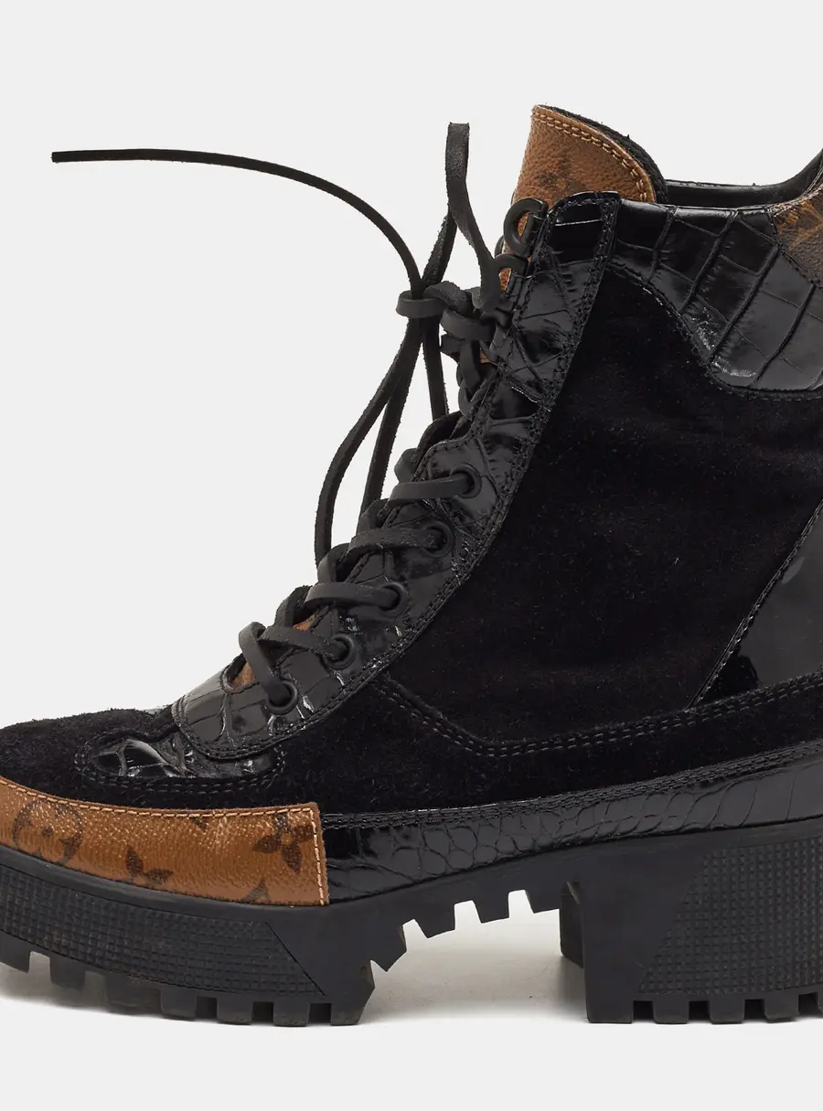 Louis Vuitton Laureate Size 38 Black Suede and Reverse Monogram Canvas Combat Boots