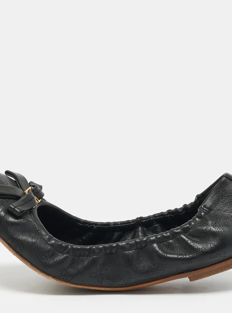 Louis Vuitton Size 36 Black Perforated Monogram Leather Bow Scrunch Ballet Flats
