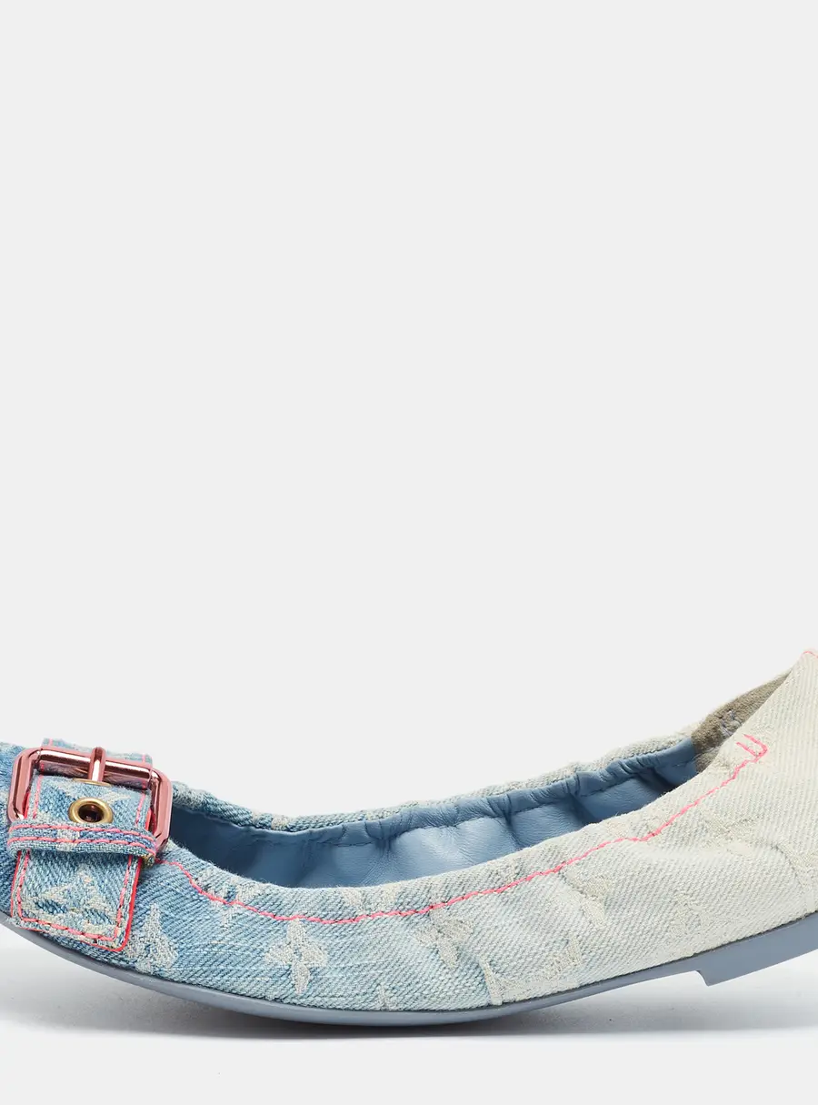 Louis Vuitton Size 35.5 Blue Monogram Denim Scrunch Buckle Ballet Flats
