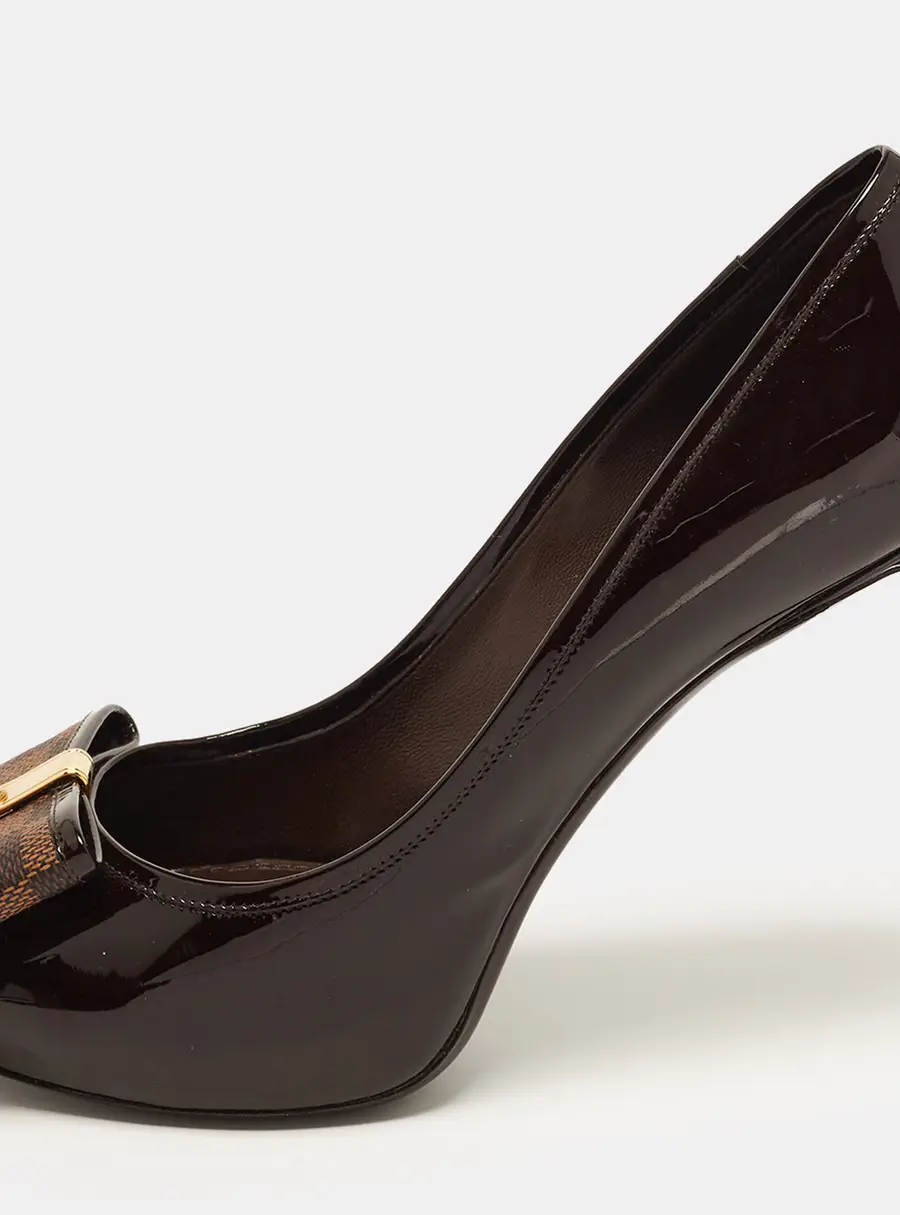 Louis Vuitton Size 38.5 Brown Patent Leather and Damier Ebene Canvas Bow Peep Toe Platform Pumps
