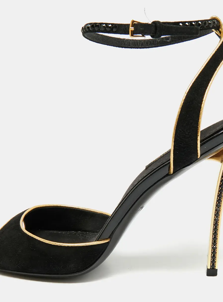 Louis Vuitton Size 38 Black Leather and Suede Crystal  Embellished Ankle Strap Sandals