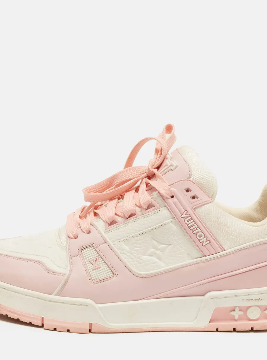 Louis Vuitton LV Trainer Size 39.5 Pink/White Monogram Leather and Fabric Lace Up Sneakers