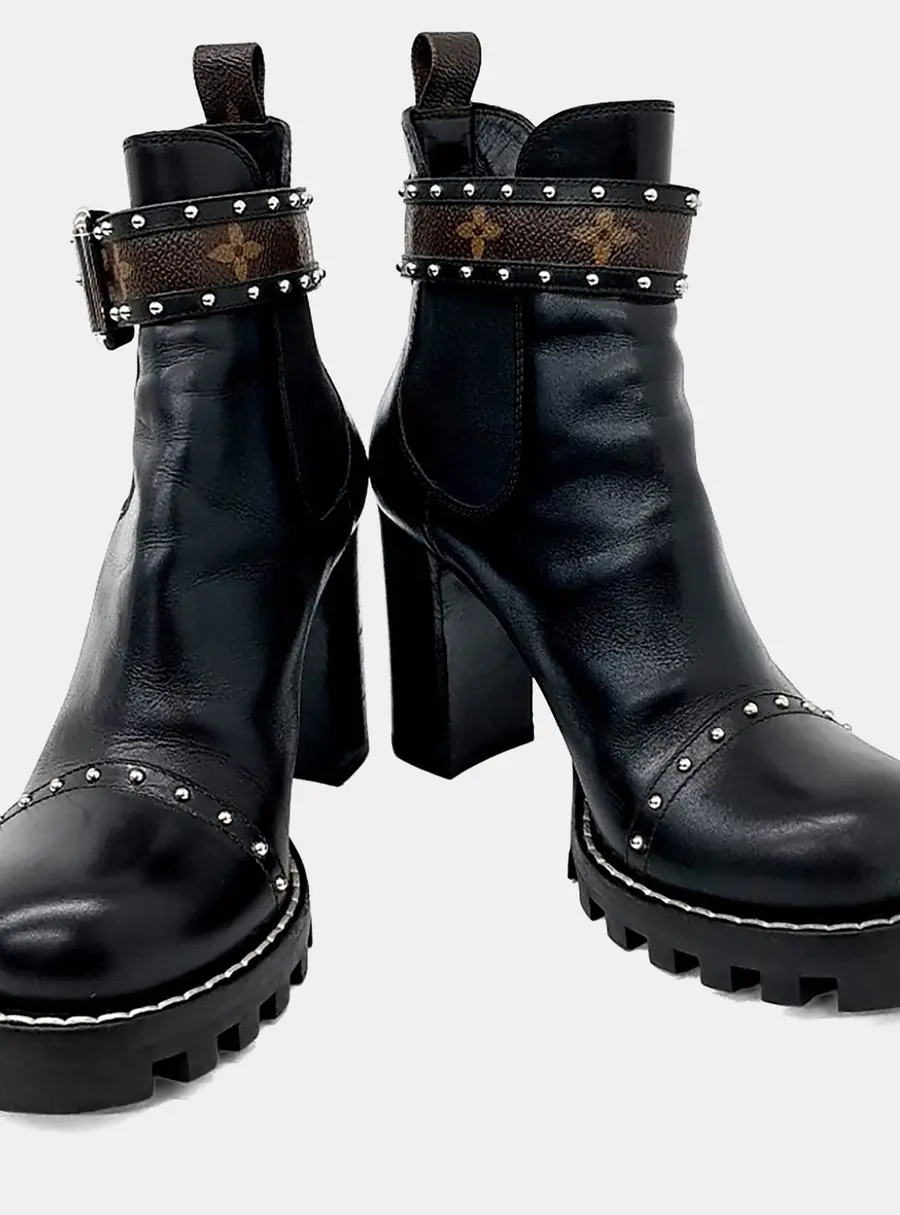 Louis Vuitton Black Leather Silver Studded Ankle Boots EU 38