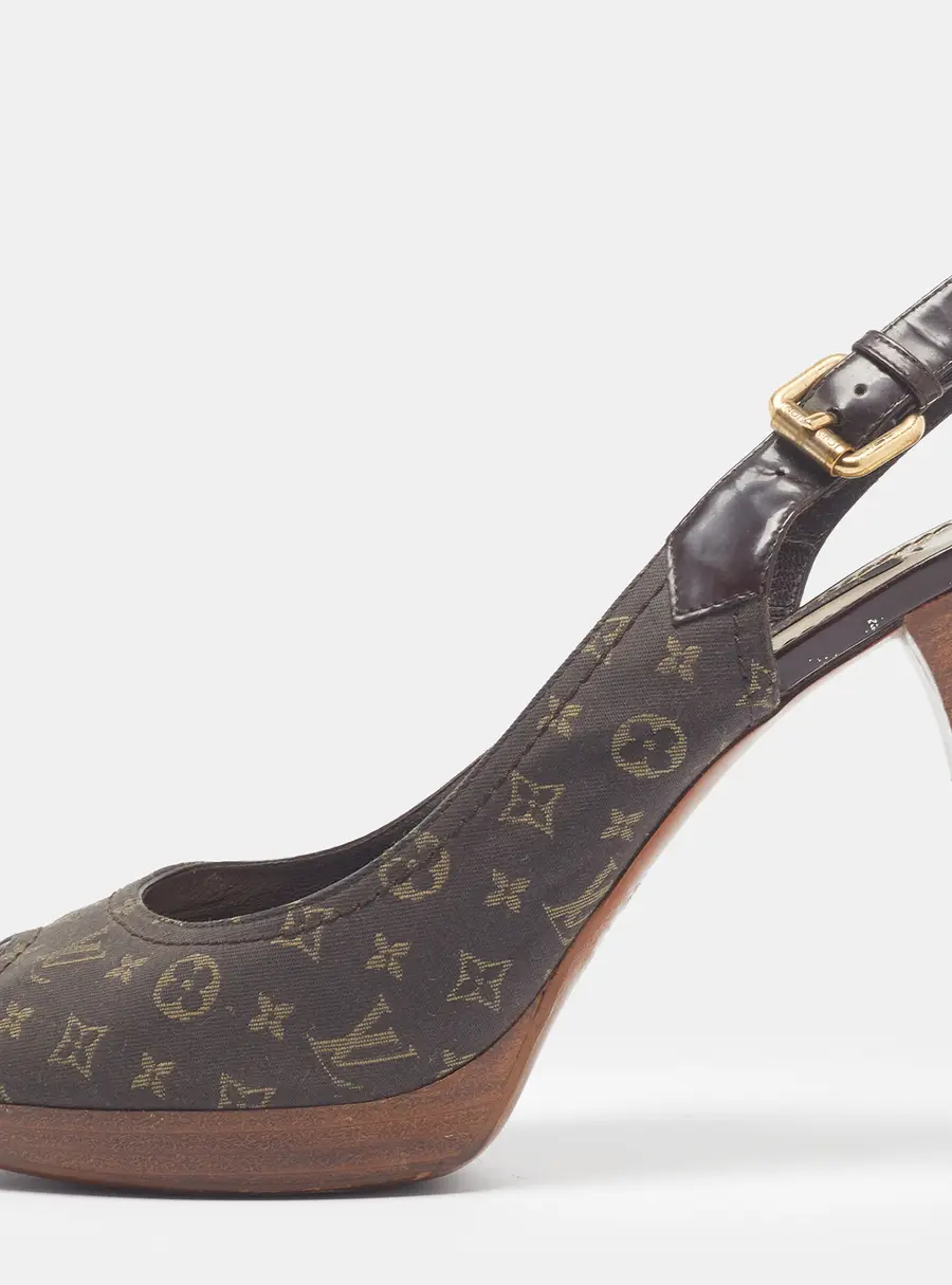 Louis Vuitton Size 38.5 Dark Brown Monogram Canvas and Patent Peep Toe Slingback Pumps