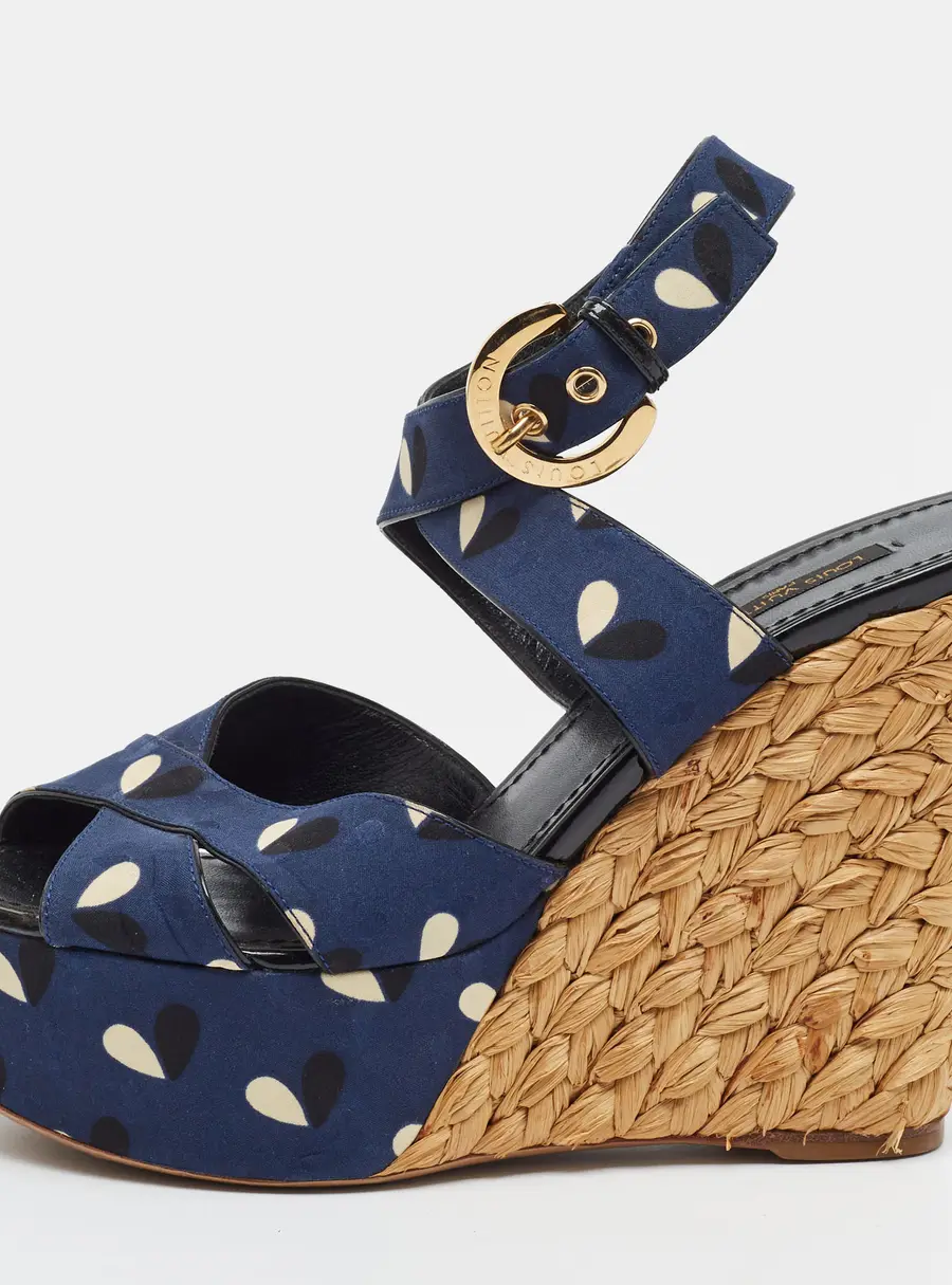Louis Vuitton Tuileries Size 38 Navy Blue Fabric Raffia Platform Wedge Sandals