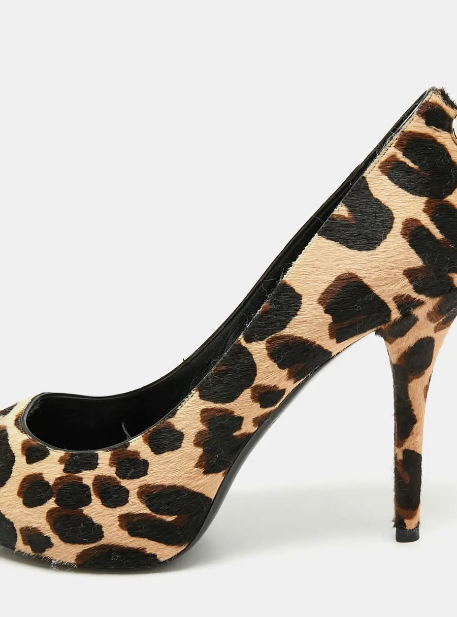 Louis Vuitton Oh Really! Size 38 Brown Leopard Print Calf Hair Peep Toe Platform Pumps
