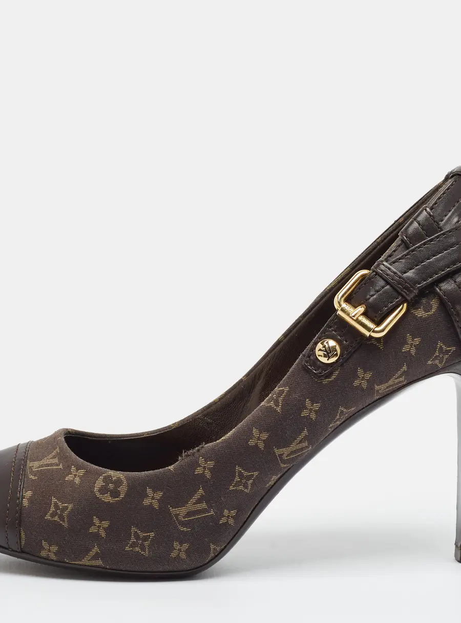 Louis Vuitton Size 38 Brown Mini Lin Monogram Canvas and Leather Peep Toe Pumps