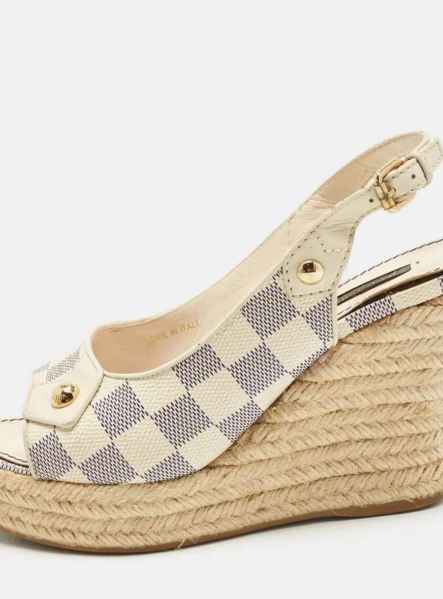Louis Vuitton Azur Size 38 Cream/Blue Damier Canvas and Leather Wedge Espadrille Slingback Sandals