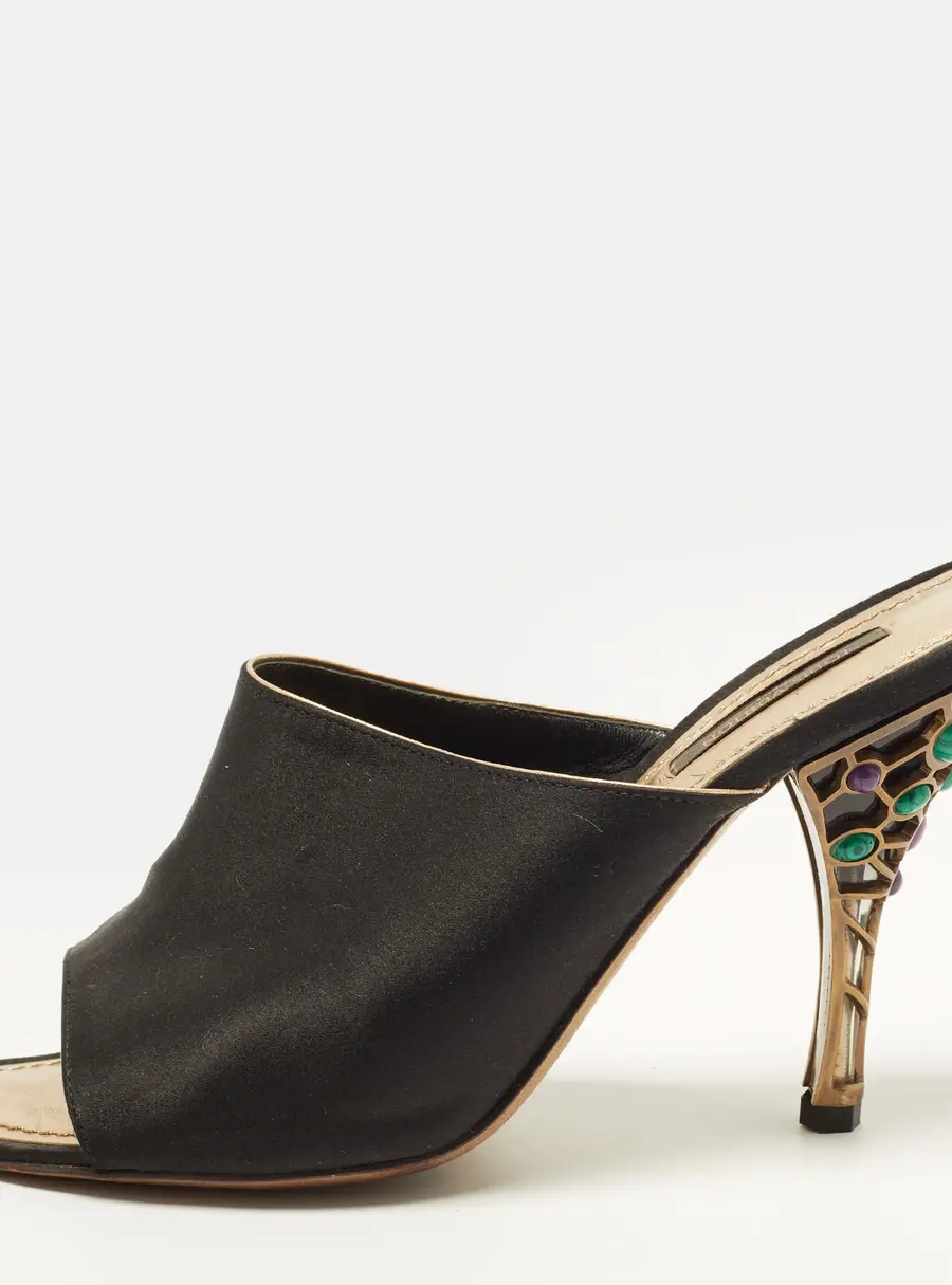 Louis Vuitton Size 38 Black/Gold Satin Embellishment Open Toe Mules