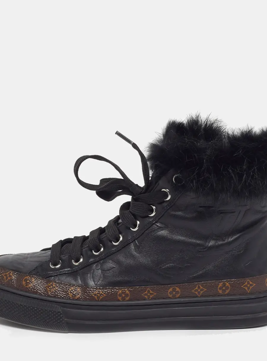 Louis Vuitton Size 36.5 Black Monogram Canvas, Leather and Mink Fur High Top Sneakers