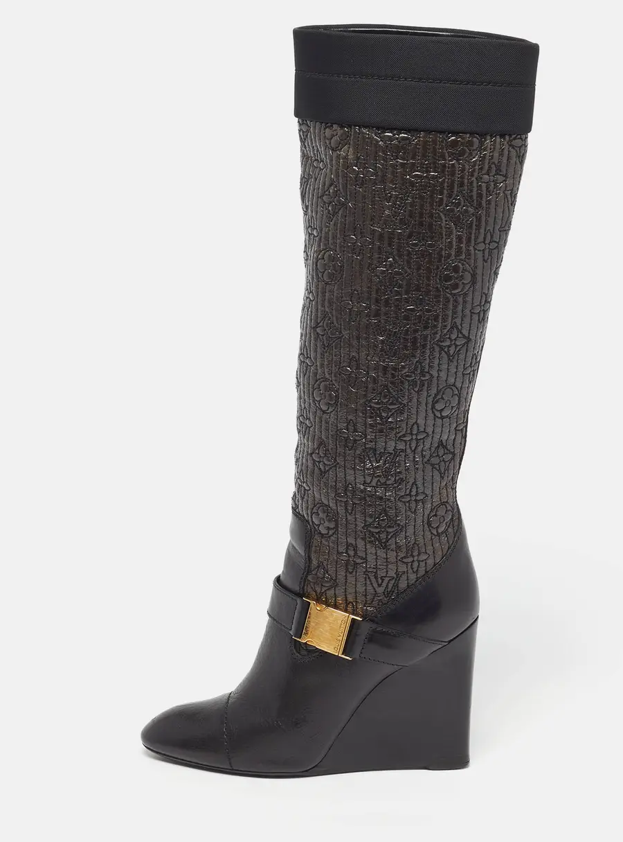 Louis Vuitton Motard Size 39.5 Black/Metallic  Leather and Monogram Nylon Knee Length Boots