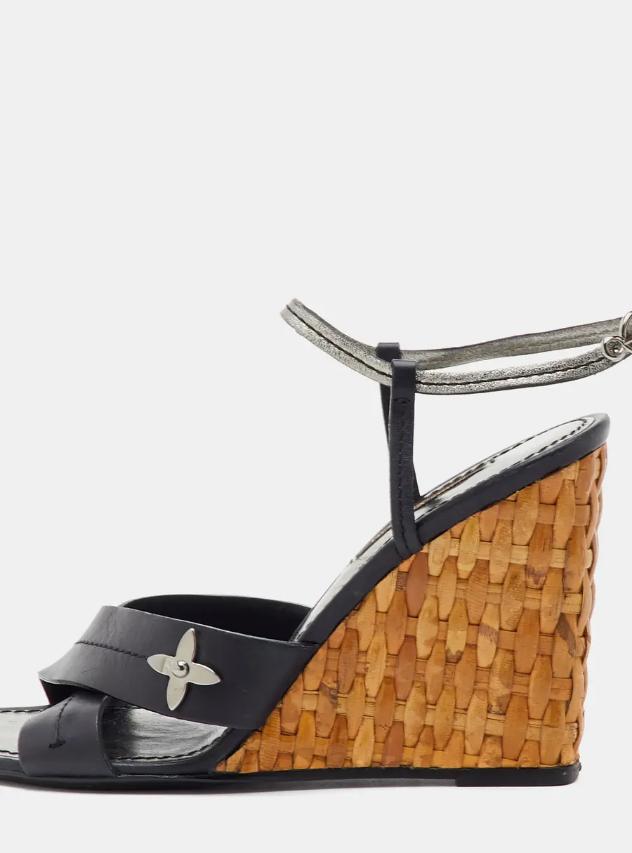 Louis Vuitton Size 36.5 Black Leather Strappy Wicker Wedge Sandals