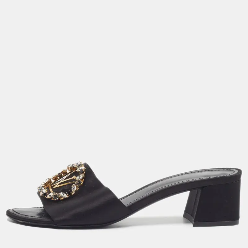 Louis Vuitton Madeleine Size 38 Black Satin Crystal Embellished Slide Sandals