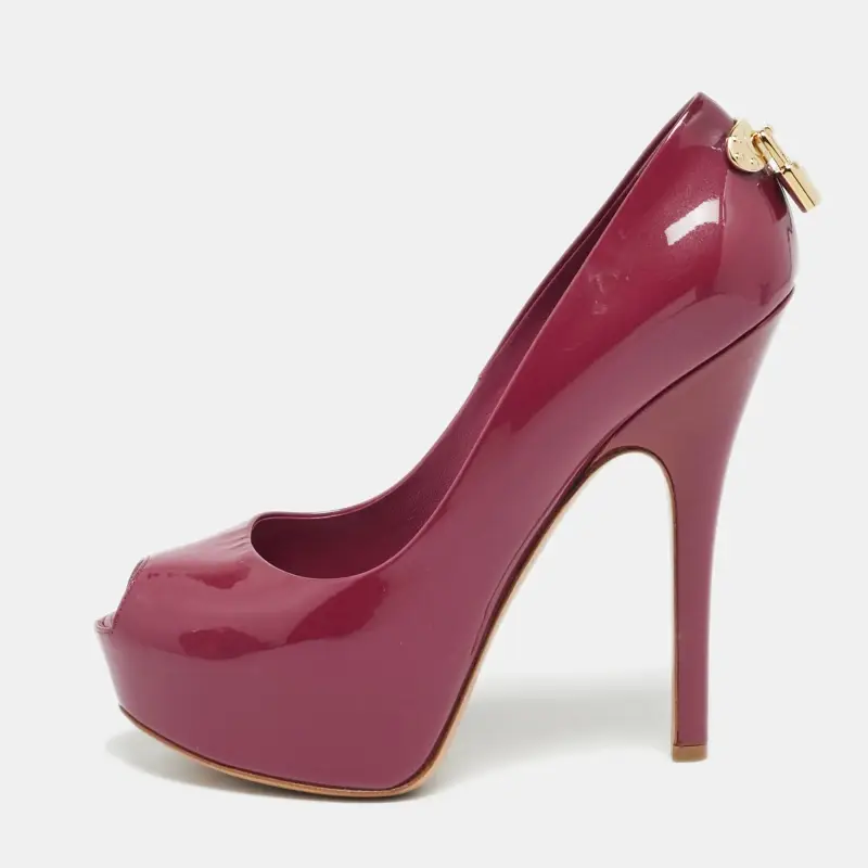 Louis Vuitton Oh Really! Size 37.5 Dark Pink Patent Leather Peep Toe Platform Pumps