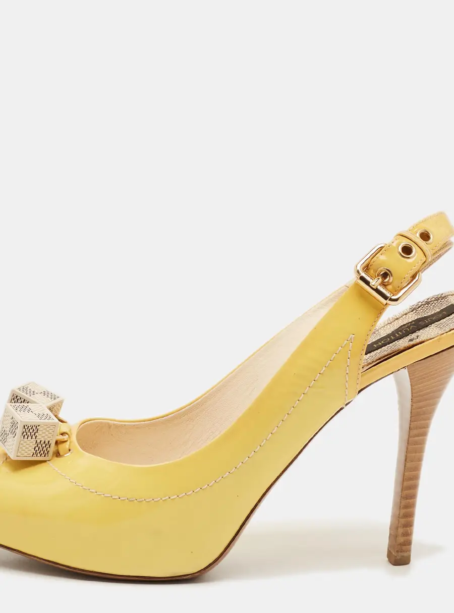 Louis Vuitton Dice Size 38 Yellow Patent Leather Peep Toe Slingback Pumps