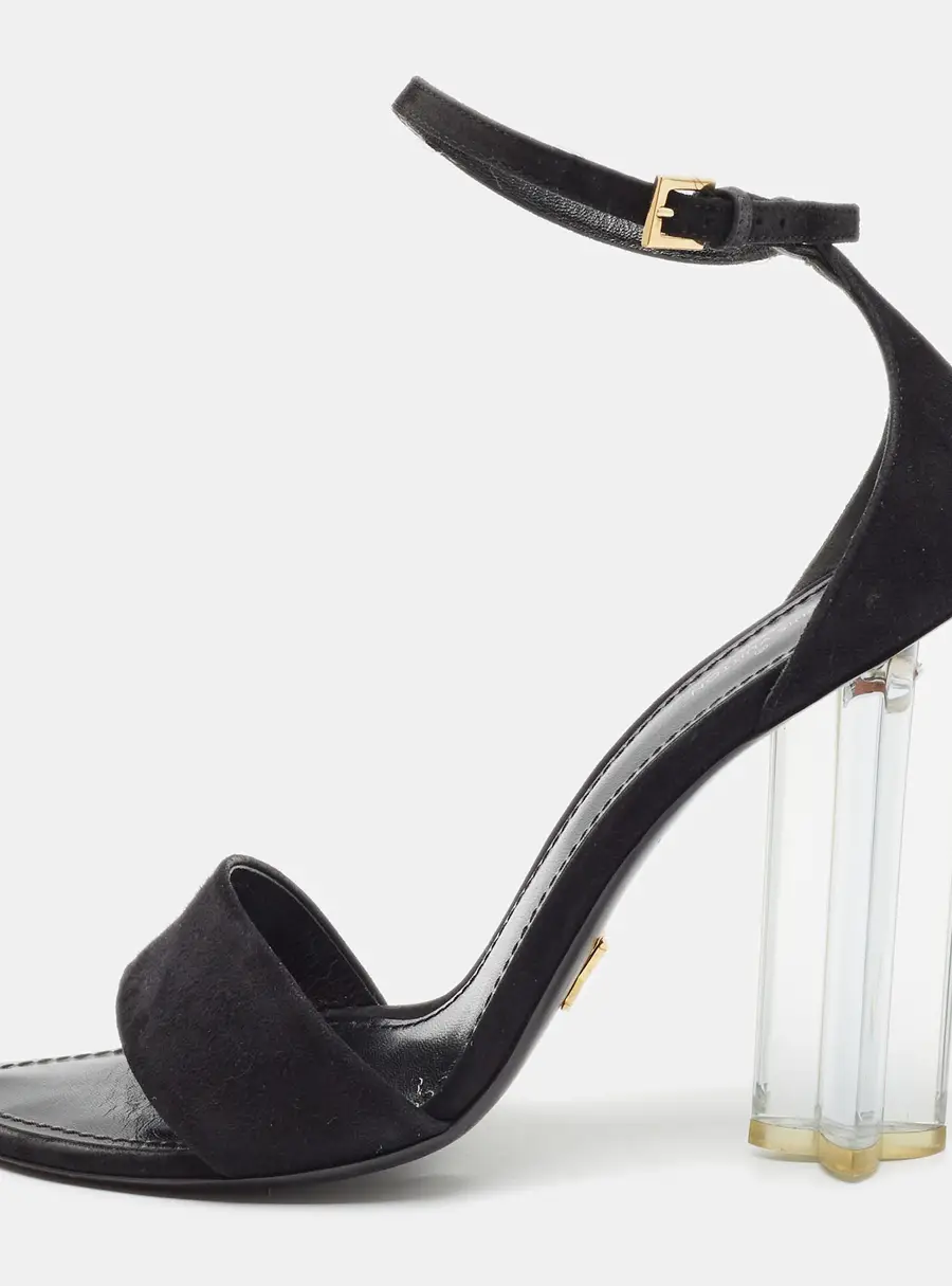 Louis Vuitton Size 39.5 Black Suede Crystal Flower Ankle Strap Sandals