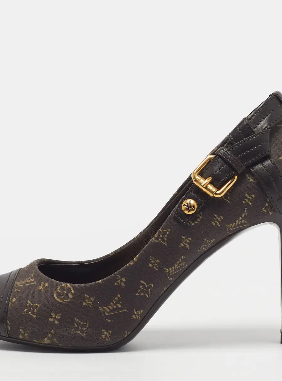 Louis Vuitton Mini Lin Barbara Size 37 Dark Brown Monogram Fabric and Leather Peep Toe Pumps