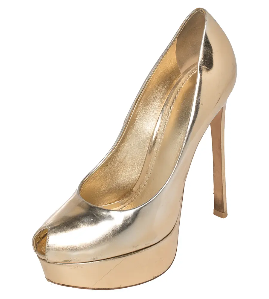 Louis Vuitton Metallic Gold Leather Peep Toe Platform Pumps Size 37