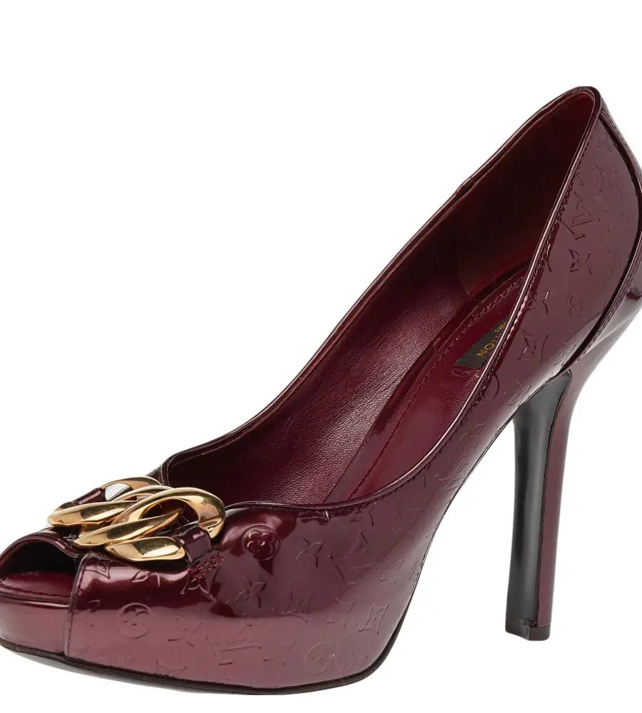 Louis Vuitton Burgundy Monogram Patent Leather Chain Detail Peep Toe Platform Pumps Size 40