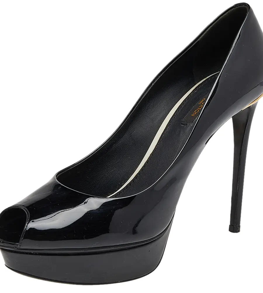 Louis Vuitton Black Patent Leather Eyeline Peep Toe Platform Pumps Size 39