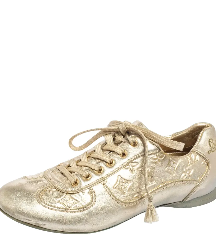 Louis Vuitton Metallic Gold Monogram Embossed Leather Trainers Sneakers Size 36