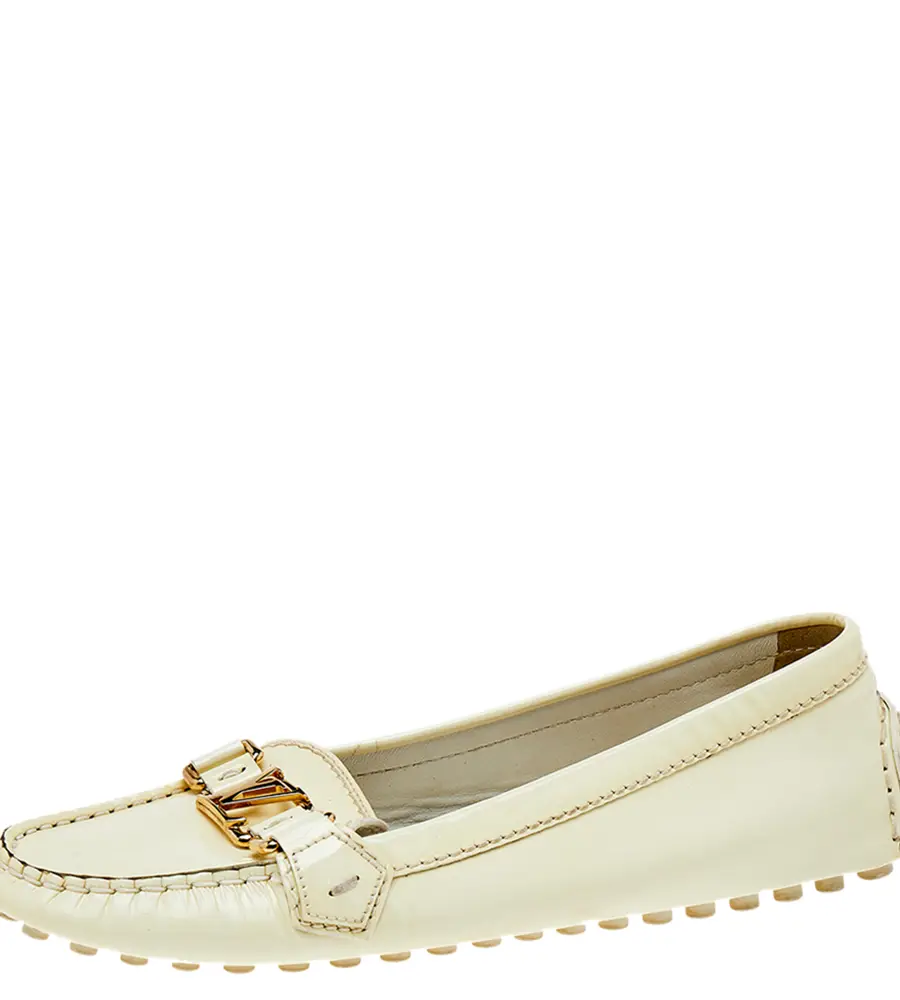 Louis Vuitton Cream Patent Leather Logo Loafers Size 39.5