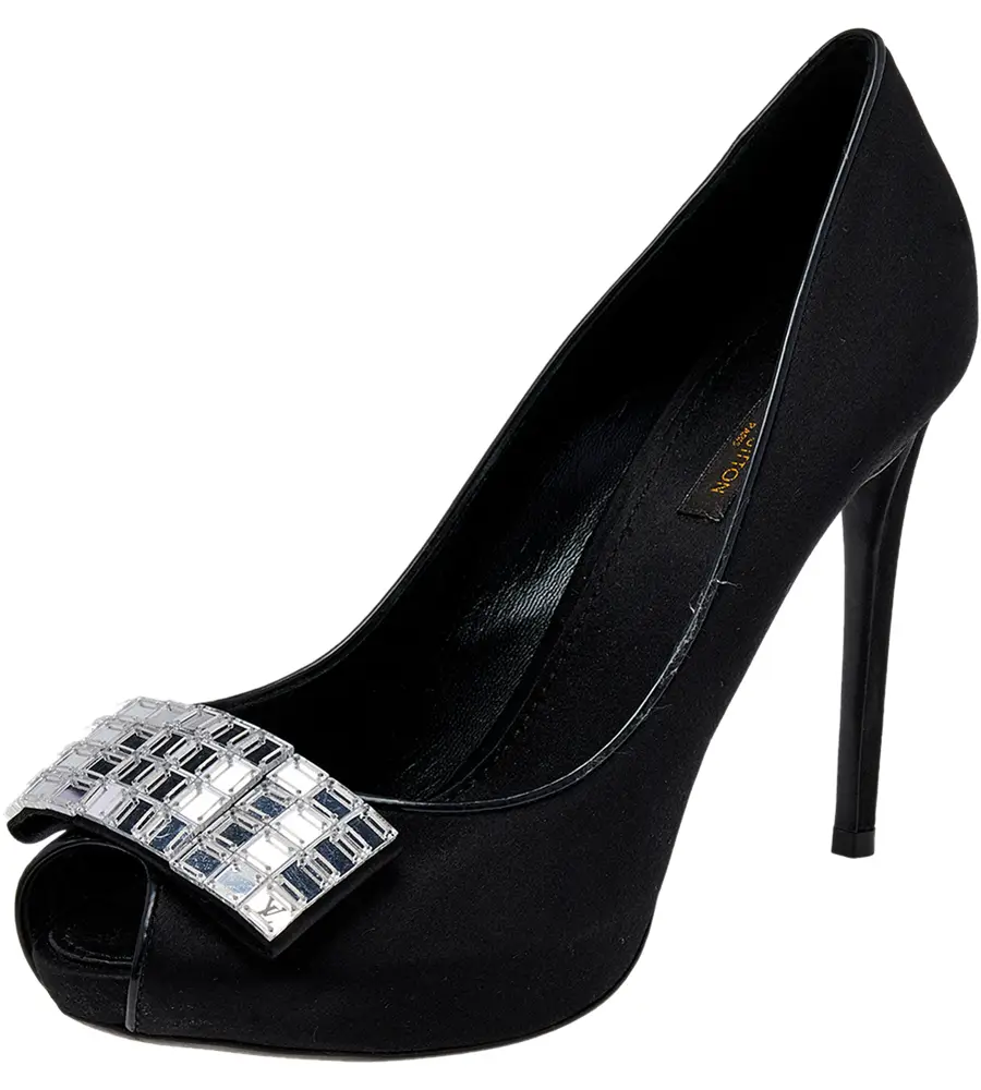Louis Vuitton Black Satin Embellished Peep Toe Pumps Size 39