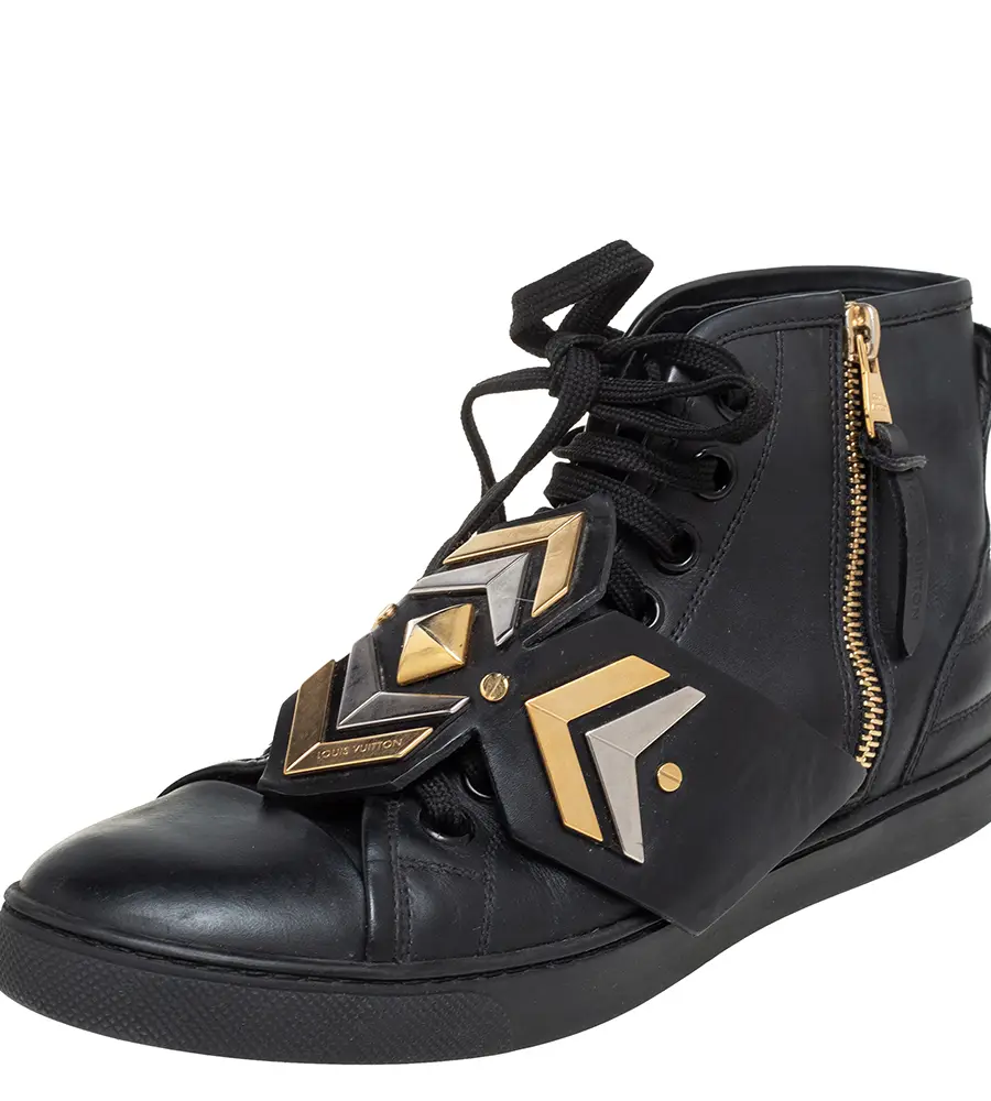 Louis Vuitton Black Leather Karakoram Pattern Punchy Sneaker Boots Size 36