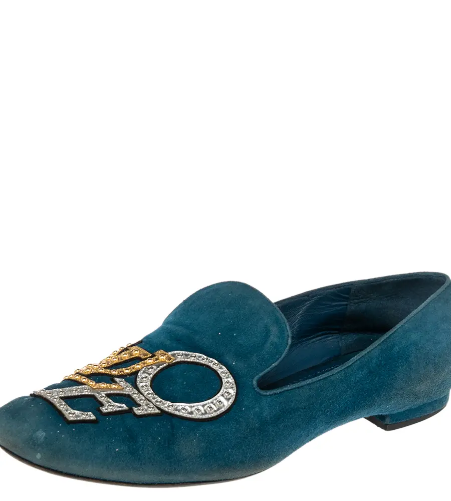 Louis Vuitton Blue Suede Love Slip On Loafers Size 37.5