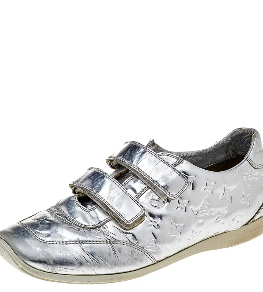 Louis Vuitton Silver Monogram Leather Velcro Strap Low Top Sneakers Size 40