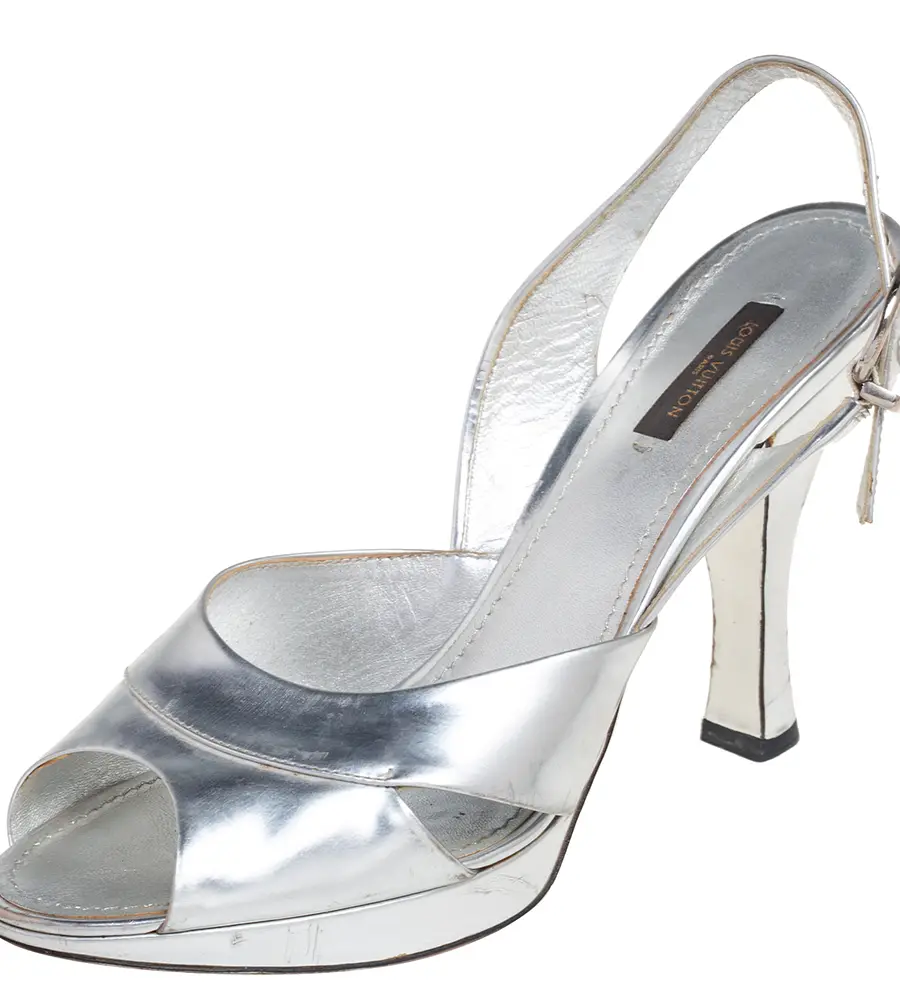 Louis Vuitton Silver Leather Peep Toe Slingback Sandals Size 41