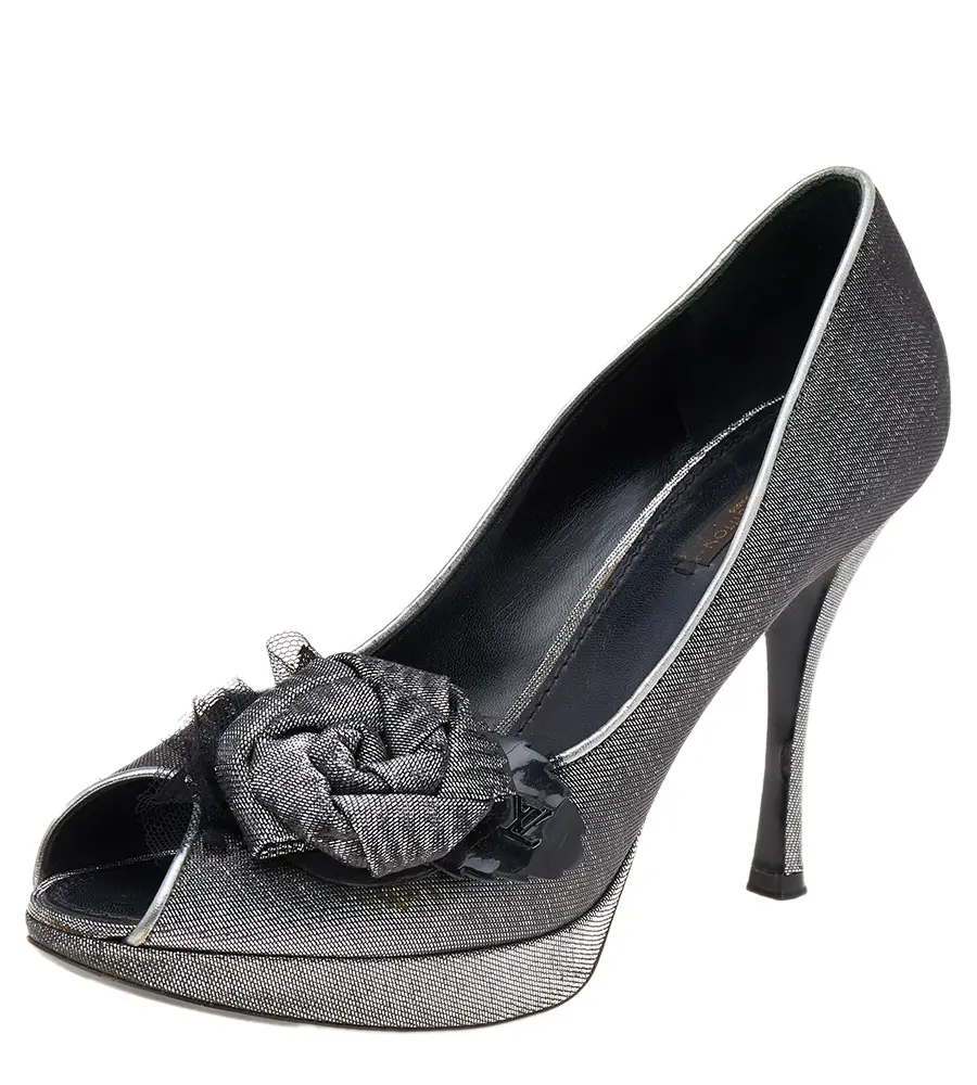Louis Vuitton Silver/Black Lurex Fabric Floral Peep Toe Pumps Size 39.5