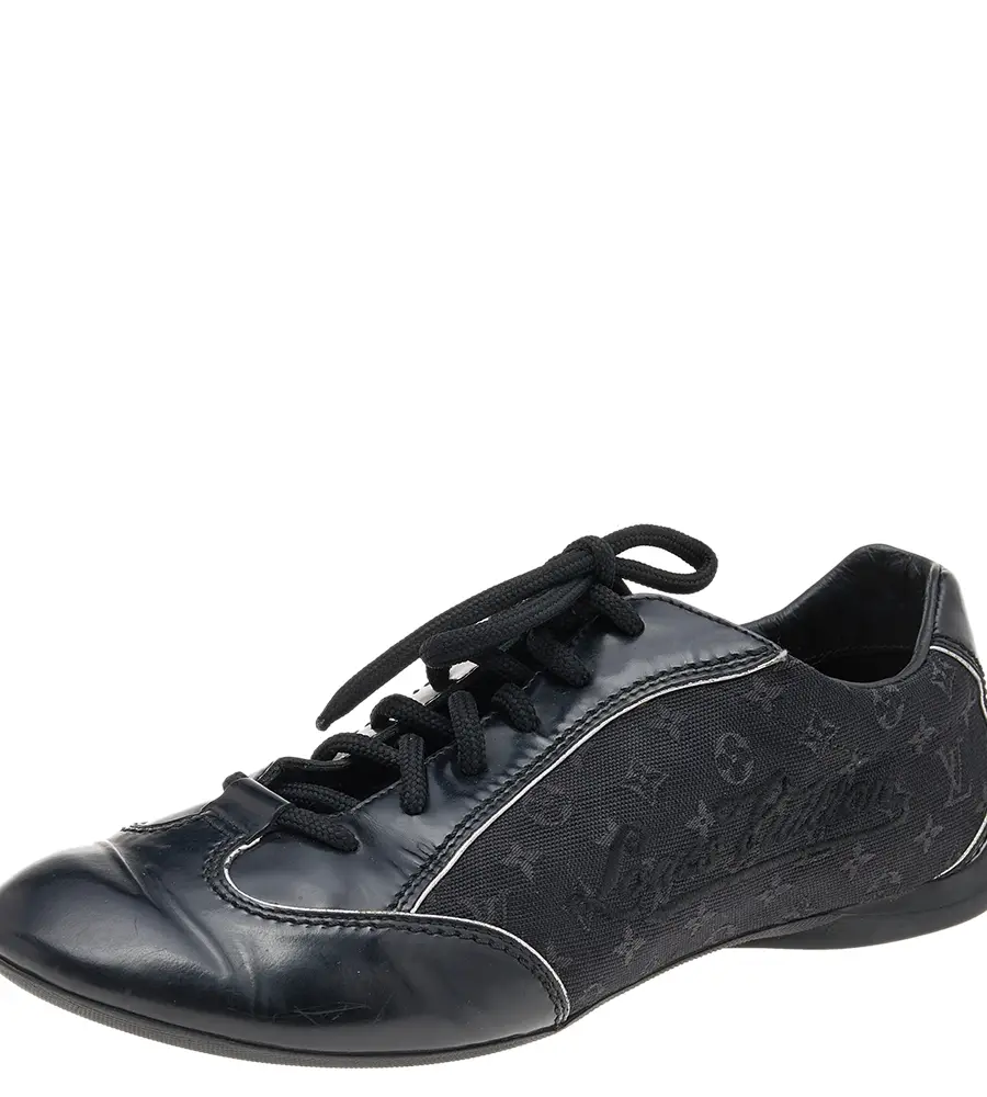 Louis Vuitton Black Leather and Monogram Canvas Low Top Sneakers Size 38