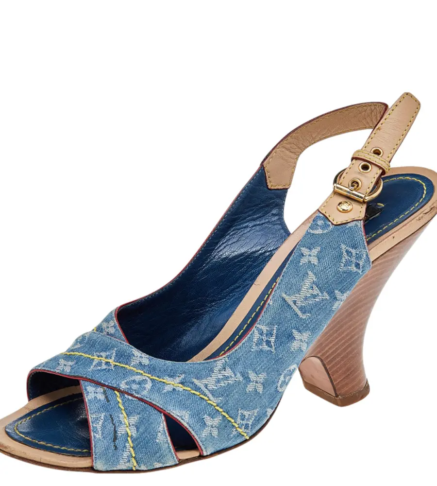 Louis Vuitton Blue Monogram Denim and Leather Slingback Sandals Size 38.5