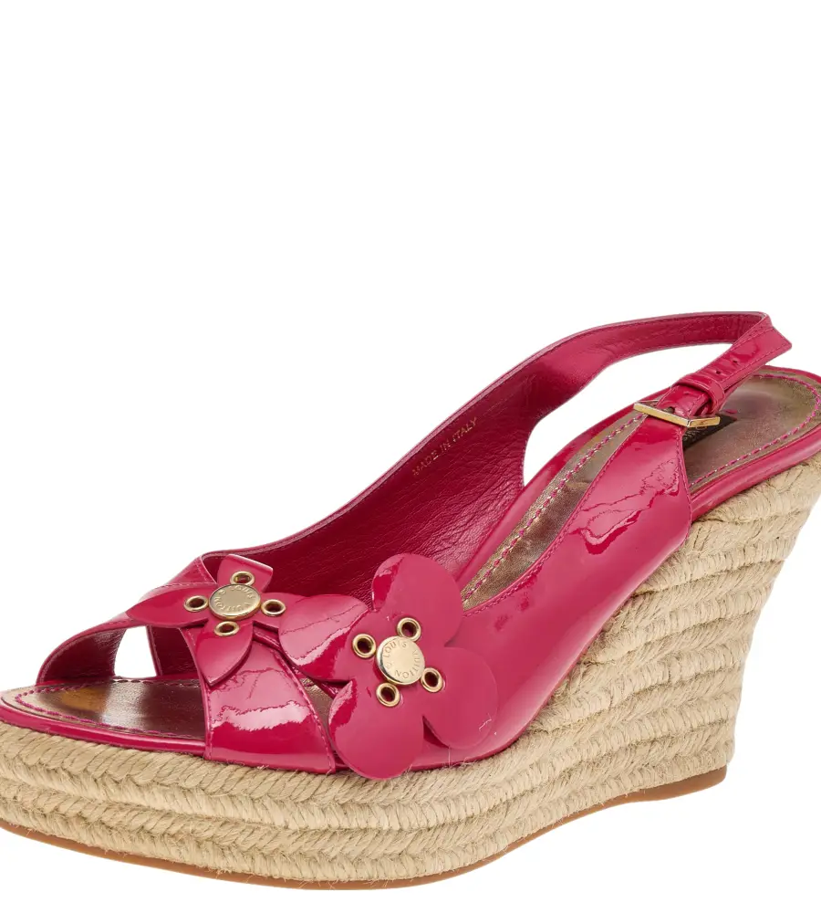 Louis Vuitton Pink Patent Leather Embellished Wedge Platform Slingback Sandals Size 39.5