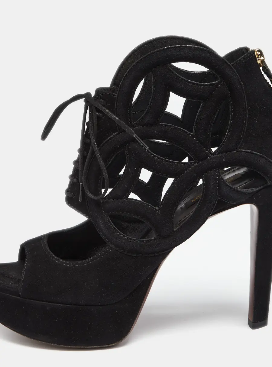 Louis Vuitton Black Suede Cutout Monogram Lace Up Platform Sandals Size 37.5