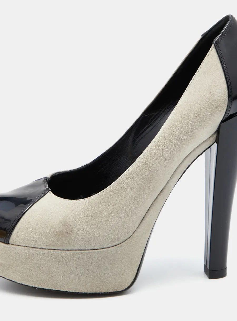 Louis Vuitton Grey/Black Suede And Patent Leather Peep Toe Platform Pumps Size 37