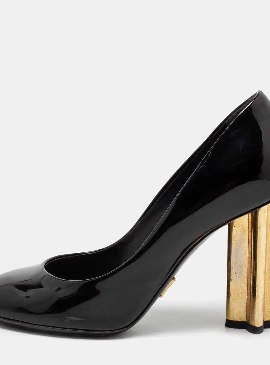 Louis Vuitton Black Patent Leather Round Toe Block Heel Pumps Size 36.5