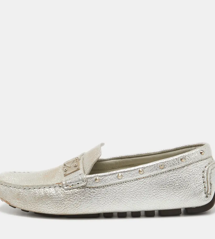 Louis Vuitton Silver Leather Lombok Slip On Loafers Size 40.5