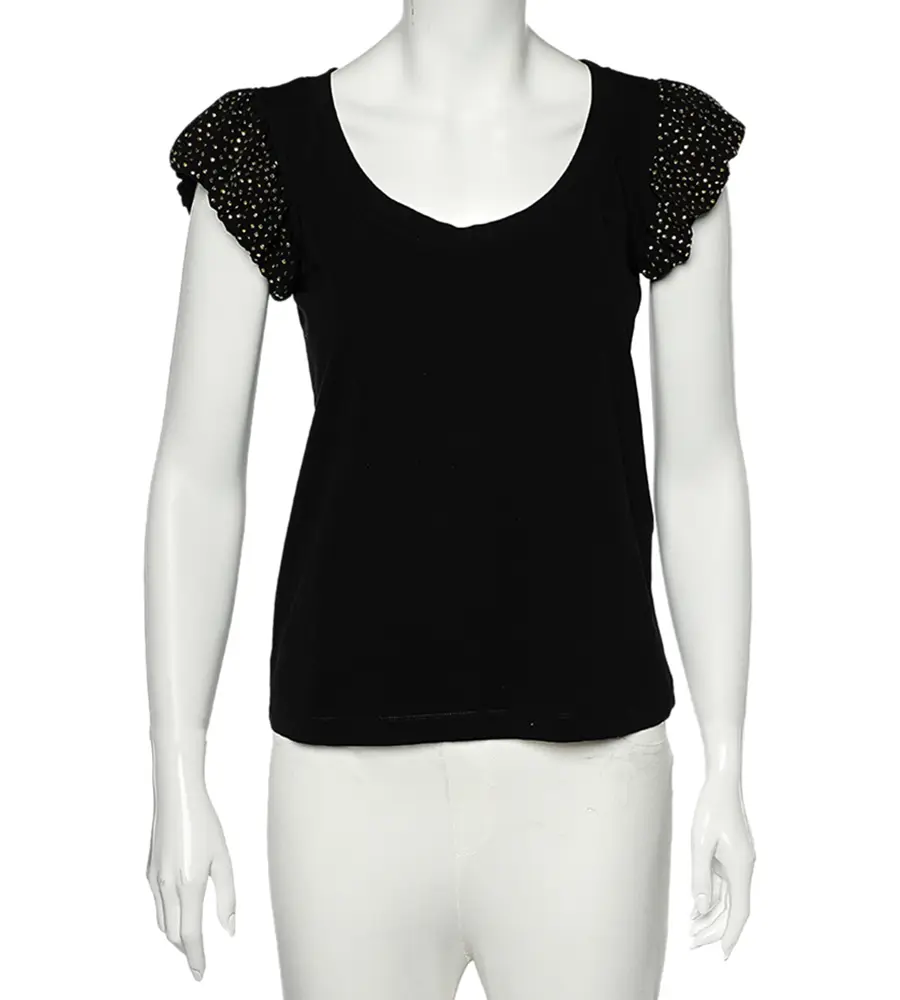 Love Moschino Black Cotton Knit Embellished Puff Sleeve T-Shirt M