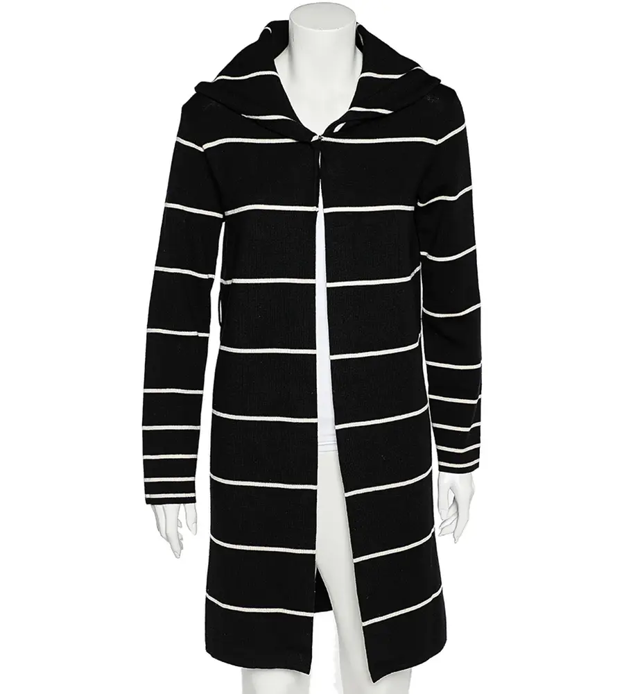 Love Moschino Black Striped Wool Hooded Mid Length Overcoat M